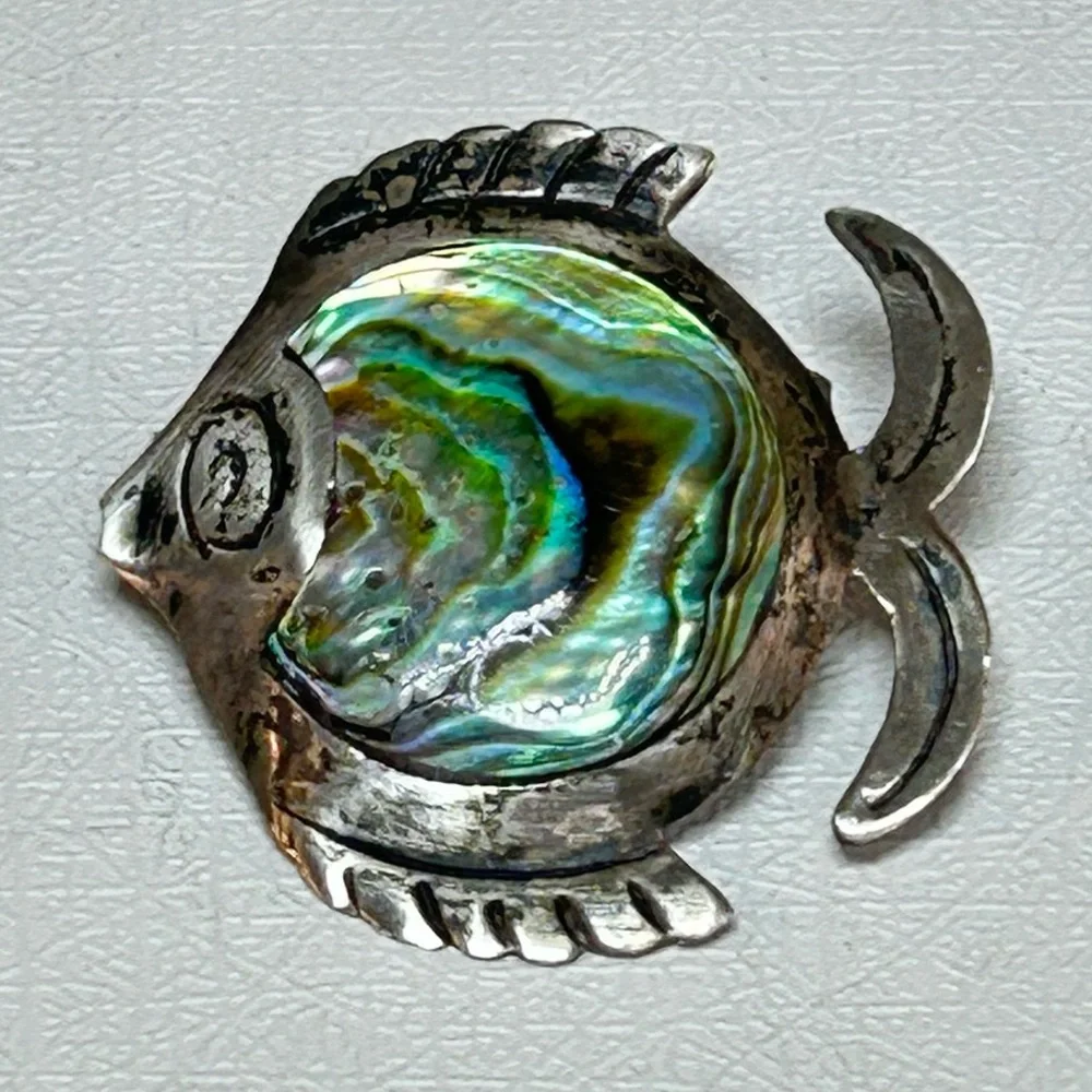Vintage Taxco Mexico Sterling Silver 925 Abalone Shell Inlay Fish Pin Brooch